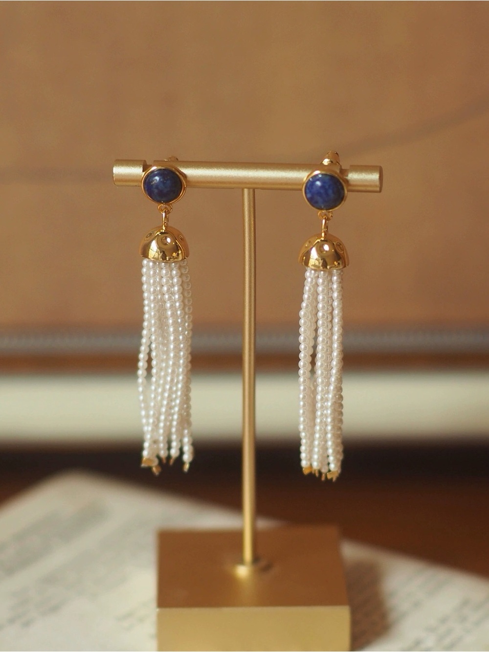 Gold Pearl Tassel Earrings with Blue Stone Studs
